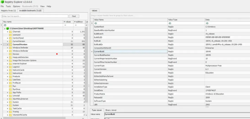 Registry analysis showing OS build